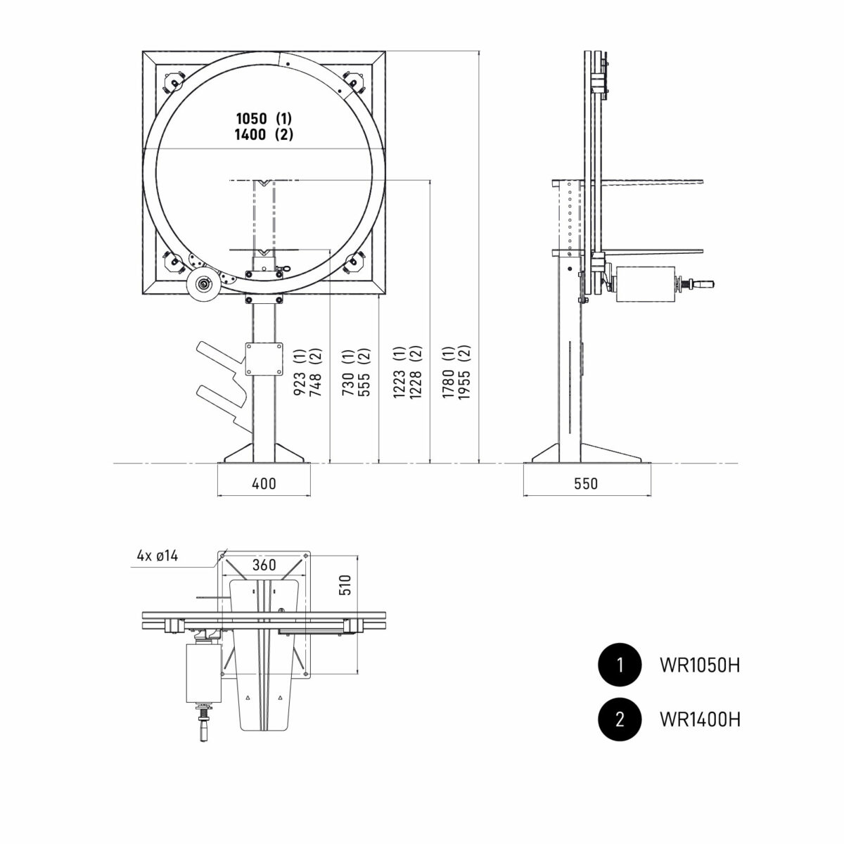 Rozmery baliaceho stroja OVINÁTOR, WR1050H a WR1400H