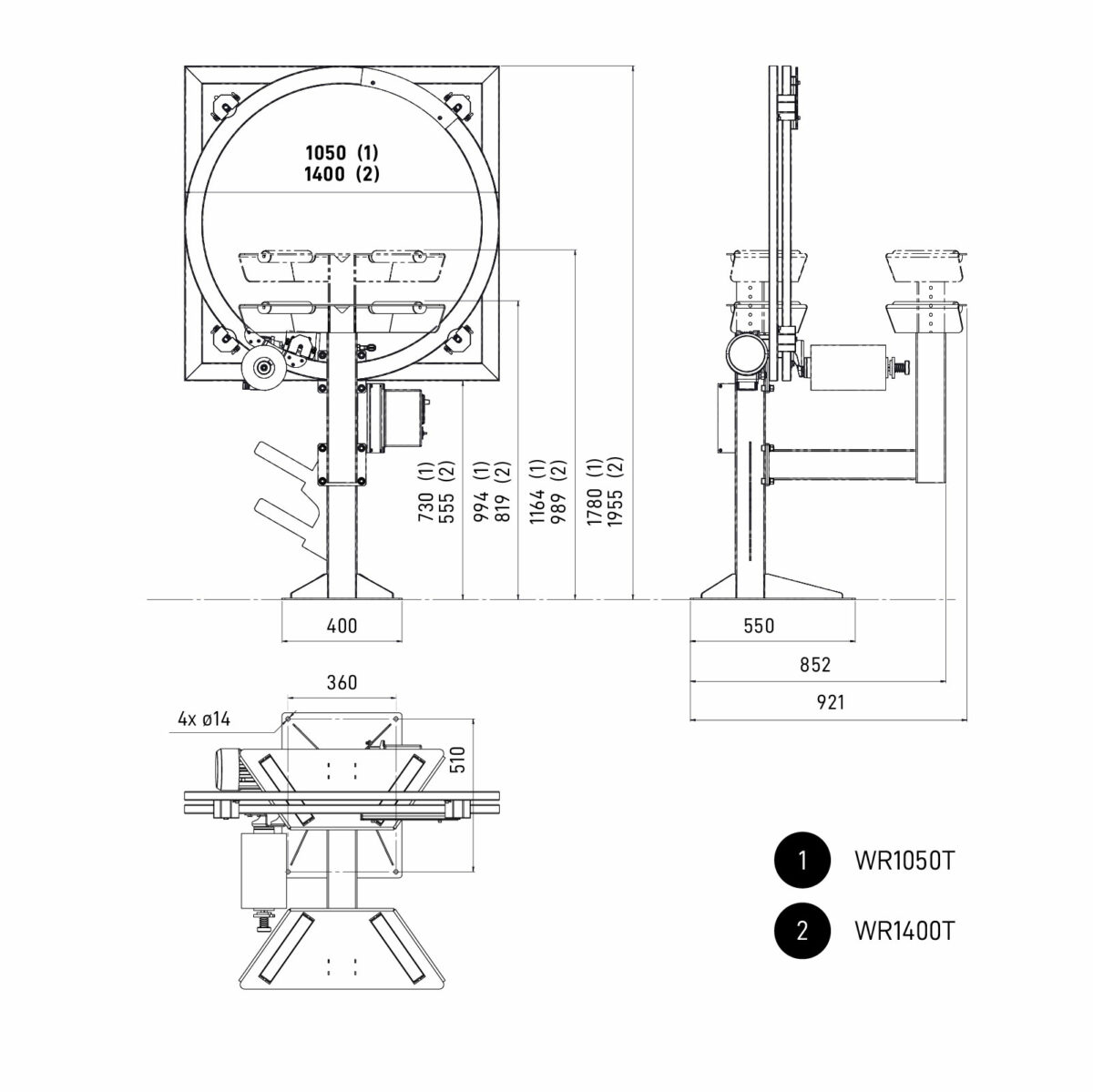 Rozmery baliaceho stroja OVINÁTOR, WR1050T a WR1400T